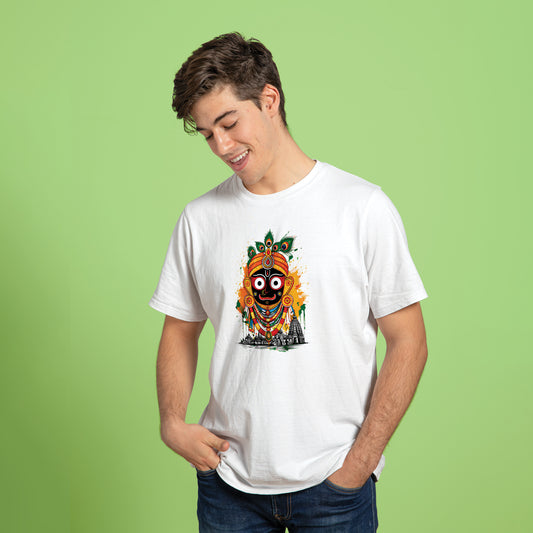 Jagannath Puri Printed White Cotton T-Shirt Front View | Binayak Stores