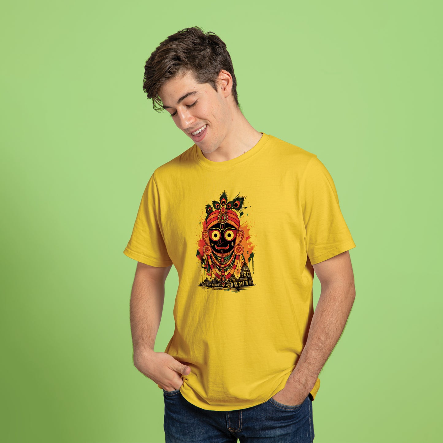 Devotional Jagannath Printed Yellow Cotton T-Shirt Front View | Binayak Stores