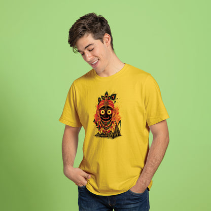 Devotional Jagannath Printed Yellow Cotton T-Shirt Front View | Binayak Stores