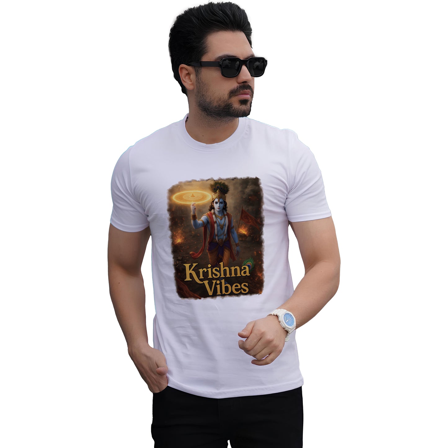 Krishna devotional printed white premium cotton round neck T-shirt for men