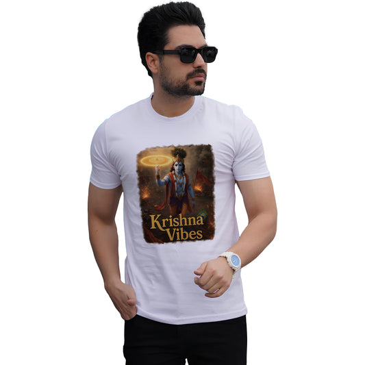 Krishna devotional printed white premium cotton round neck T-shirt for men