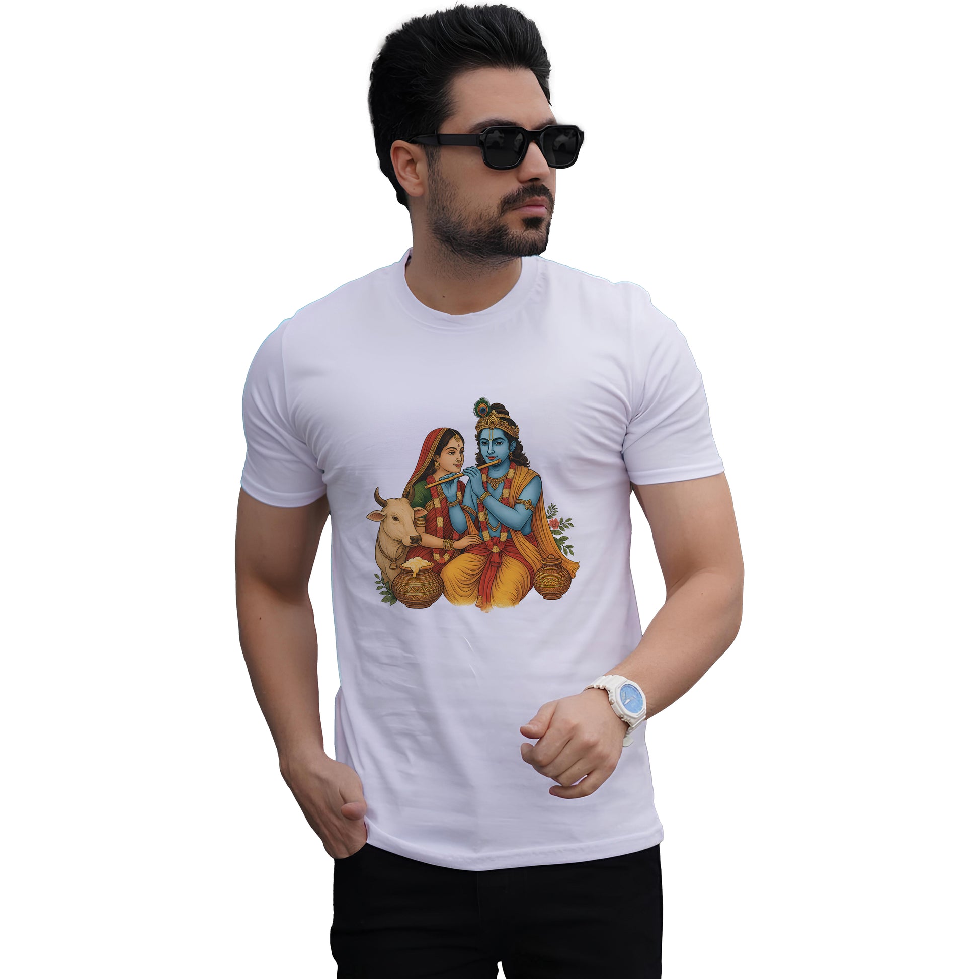 Radha Krishna printed white premium cotton round neck T-shirt for men