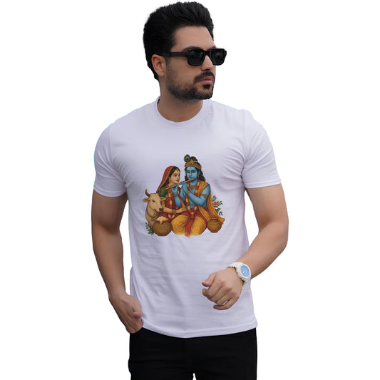 Radha Krishna printed white premium cotton round neck T-shirt for men