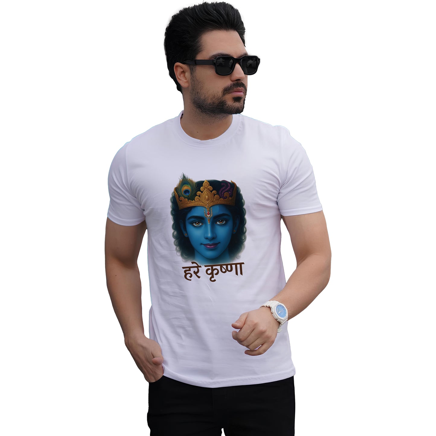 Blue Krishna face printed white premium cotton round neck T-shirt for men