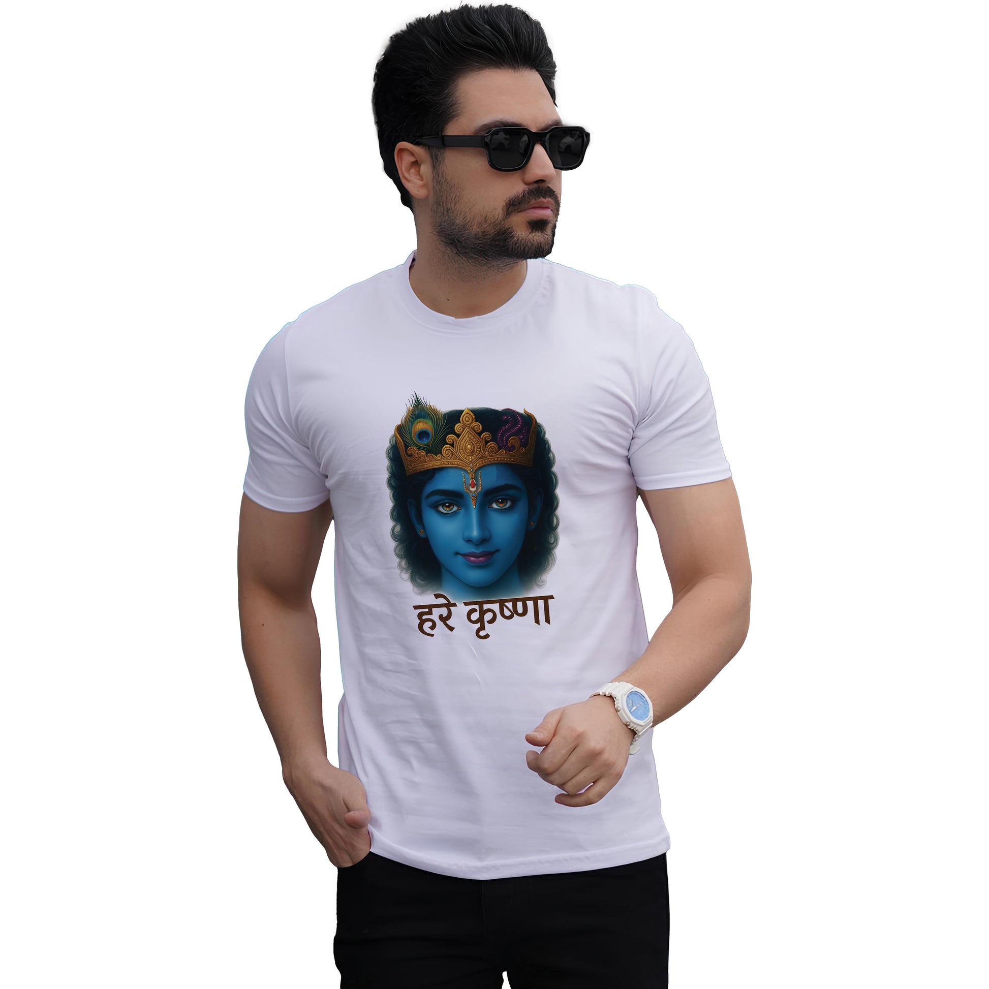Blue Krishna face printed white premium cotton round neck T-shirt for men