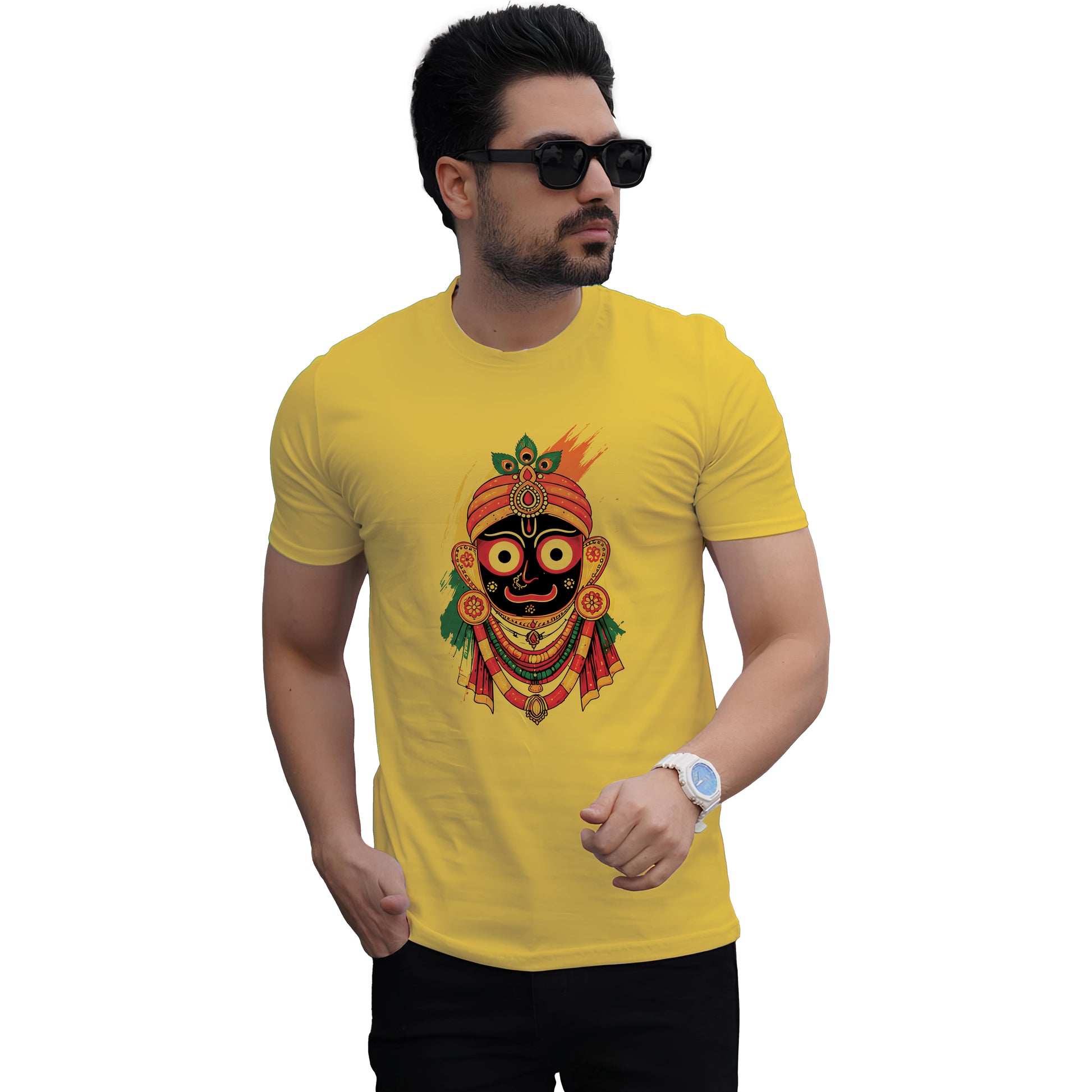 Mahaprabhu Jagannath Printed Yellow Cotton T-Shirt Front View | Binayak Stores