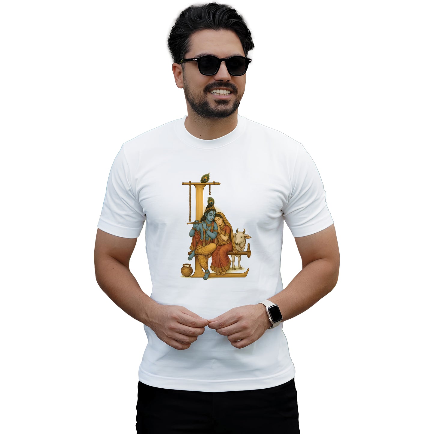Vasudev printed white premium cotton round neck T-shirt front view | Binayak Stores