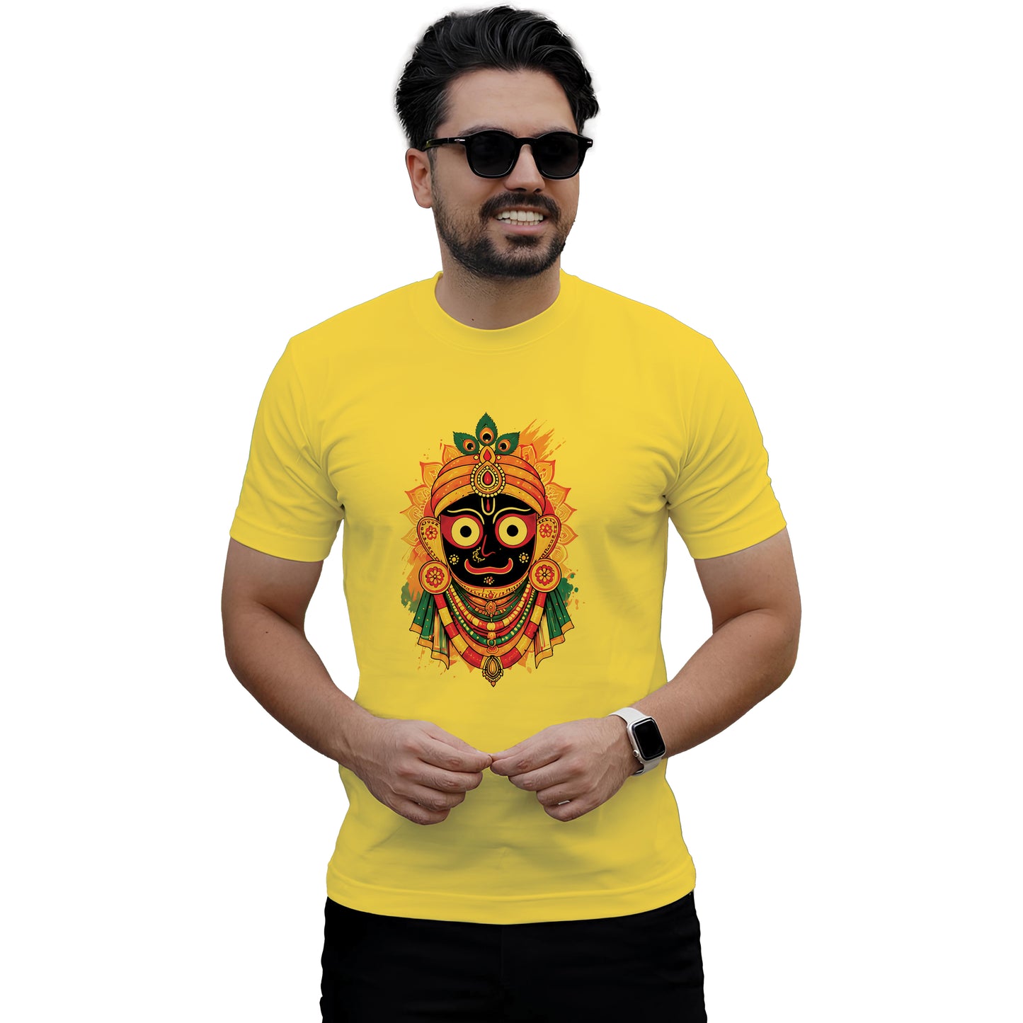 Jagannath Temple Printed Yellow Cotton T-Shirt Front View | Binayak Stores