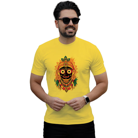 Jagannath Temple Printed Yellow Cotton T-Shirt Front View | Binayak Stores