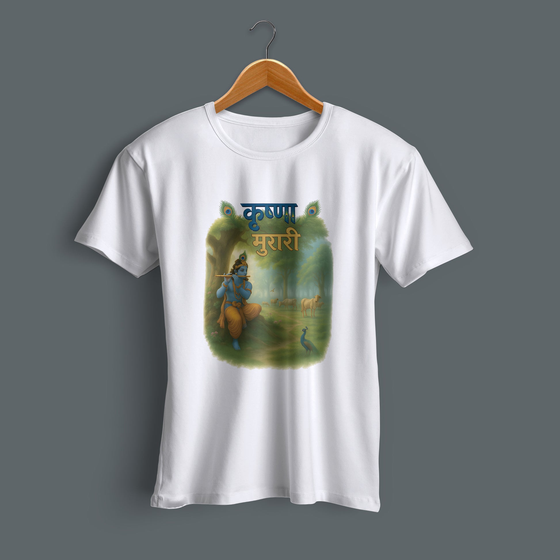 Nand Gopal printed white premium cotton round neck T-shirt side view | Binayak Stores