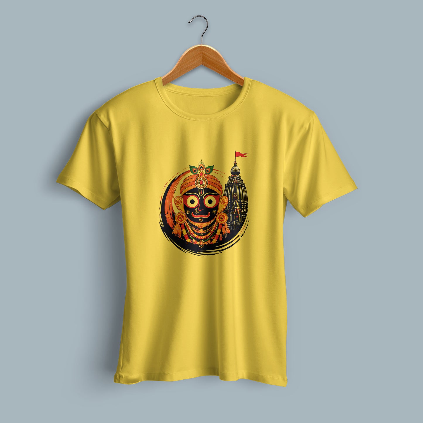 Jagannath Graphic Printed Yellow Cotton T-Shirt Flat Lay | Binayak Stores