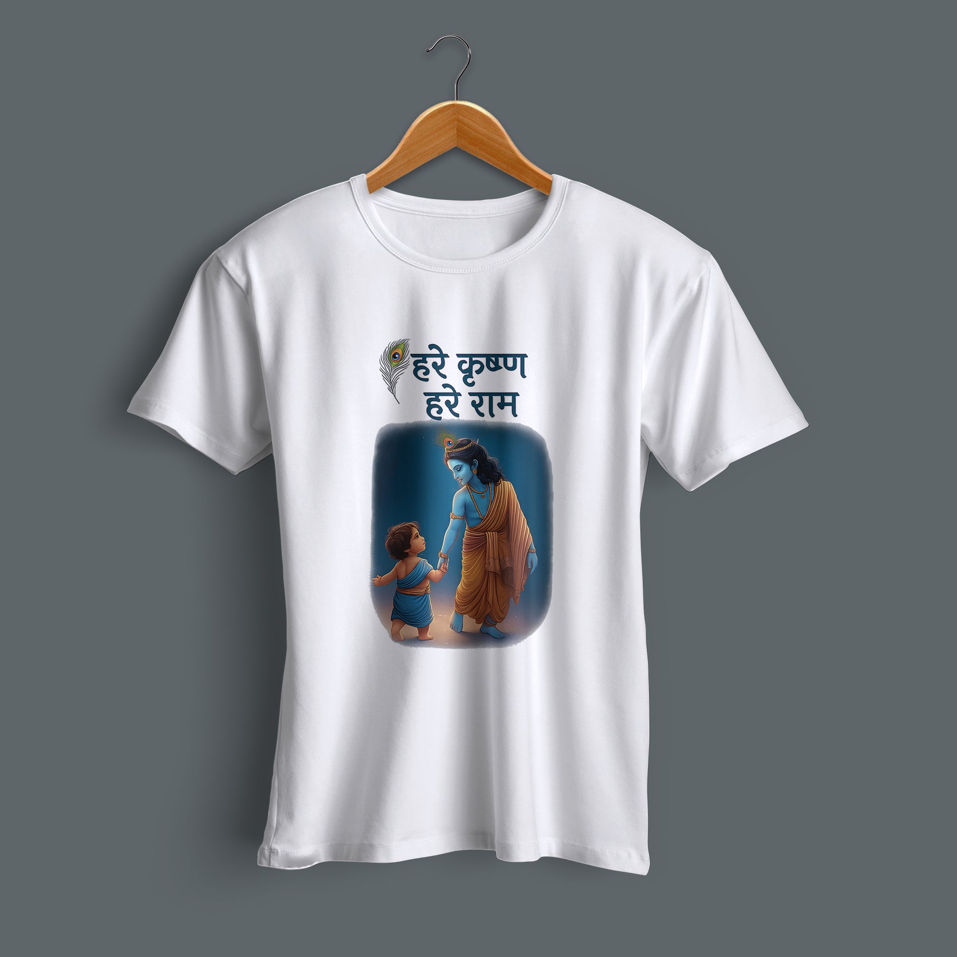 Keshav printed white premium cotton round neck T-shirt side view | Binayak Stores