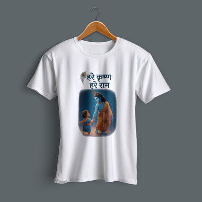 Keshav printed white premium cotton round neck T-shirt side view | Binayak Stores