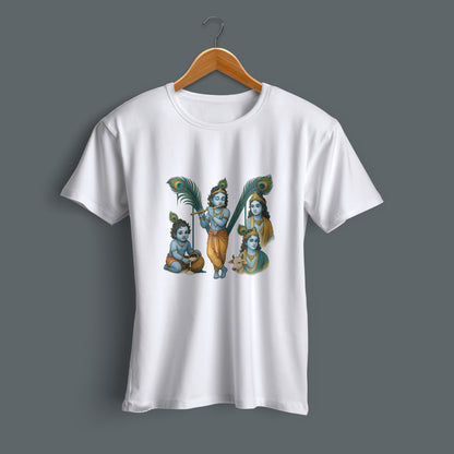 Girdhari printed white premium cotton round neck T-shirt side view | Binayak Stores