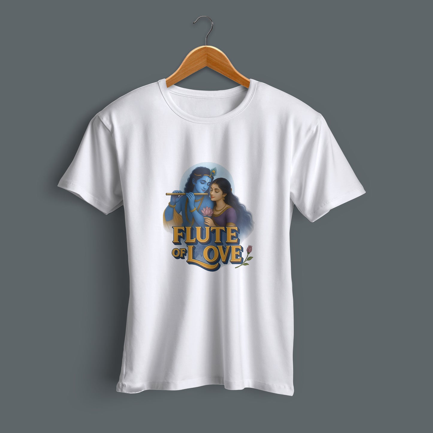 Flat lay Krishna flute design printed cotton round neck T-shirt