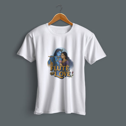 Flat lay Krishna flute design printed cotton round neck T-shirt