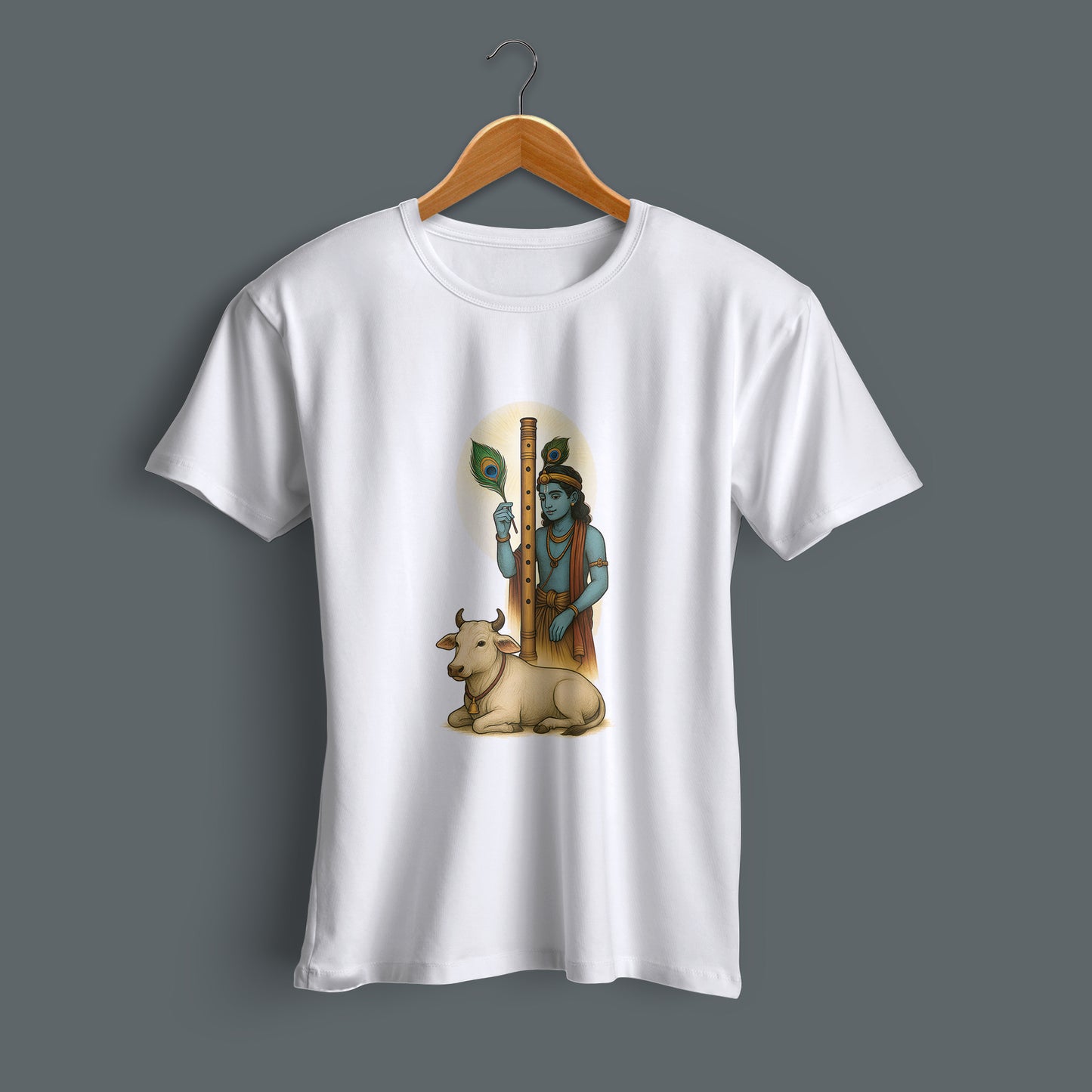 Madhav printed white premium cotton round neck T-shirt side view | Binayak Stores