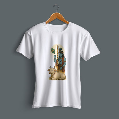 Madhav printed white premium cotton round neck T-shirt side view | Binayak Stores