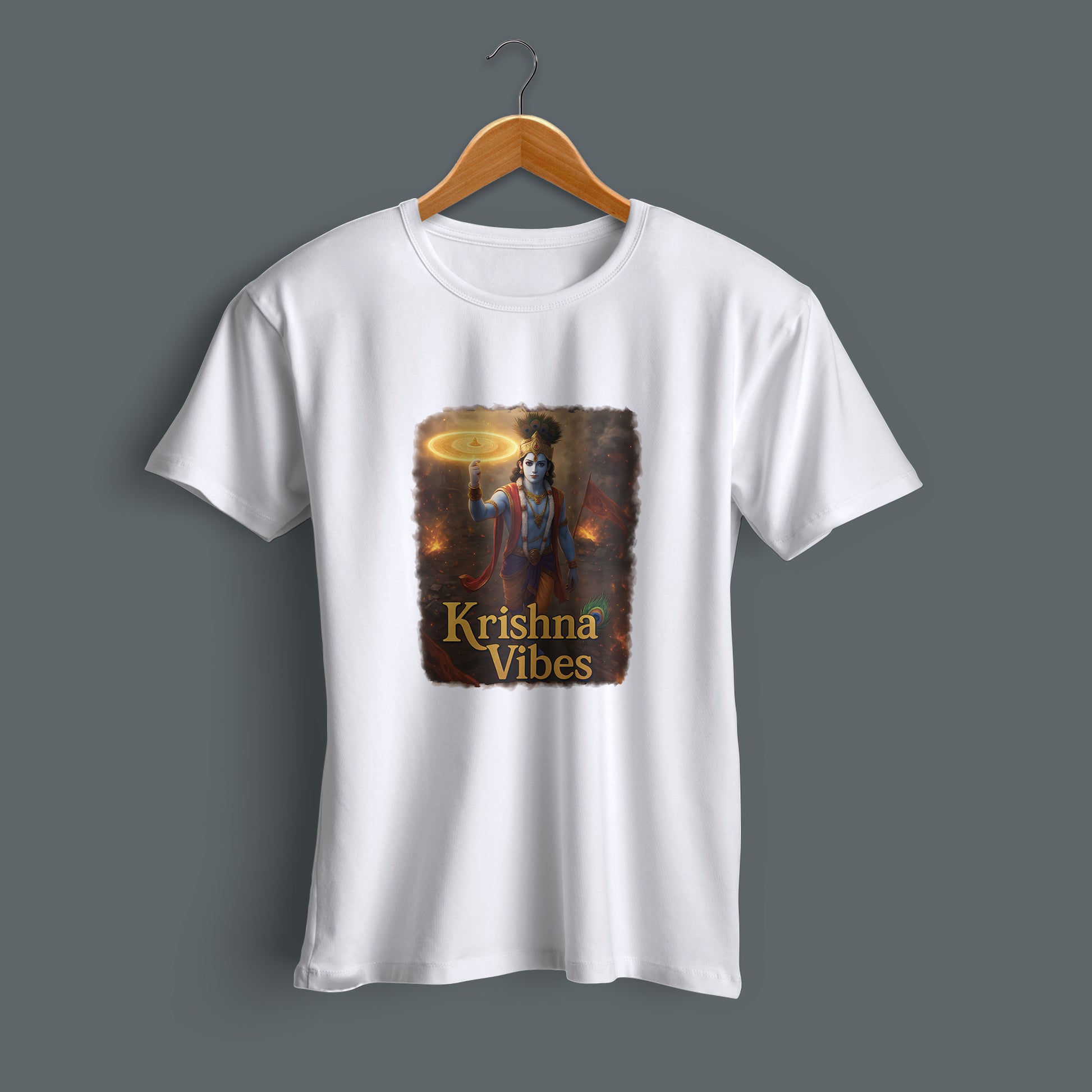 Flat lay Krishna devotional artwork printed white cotton T-shirt