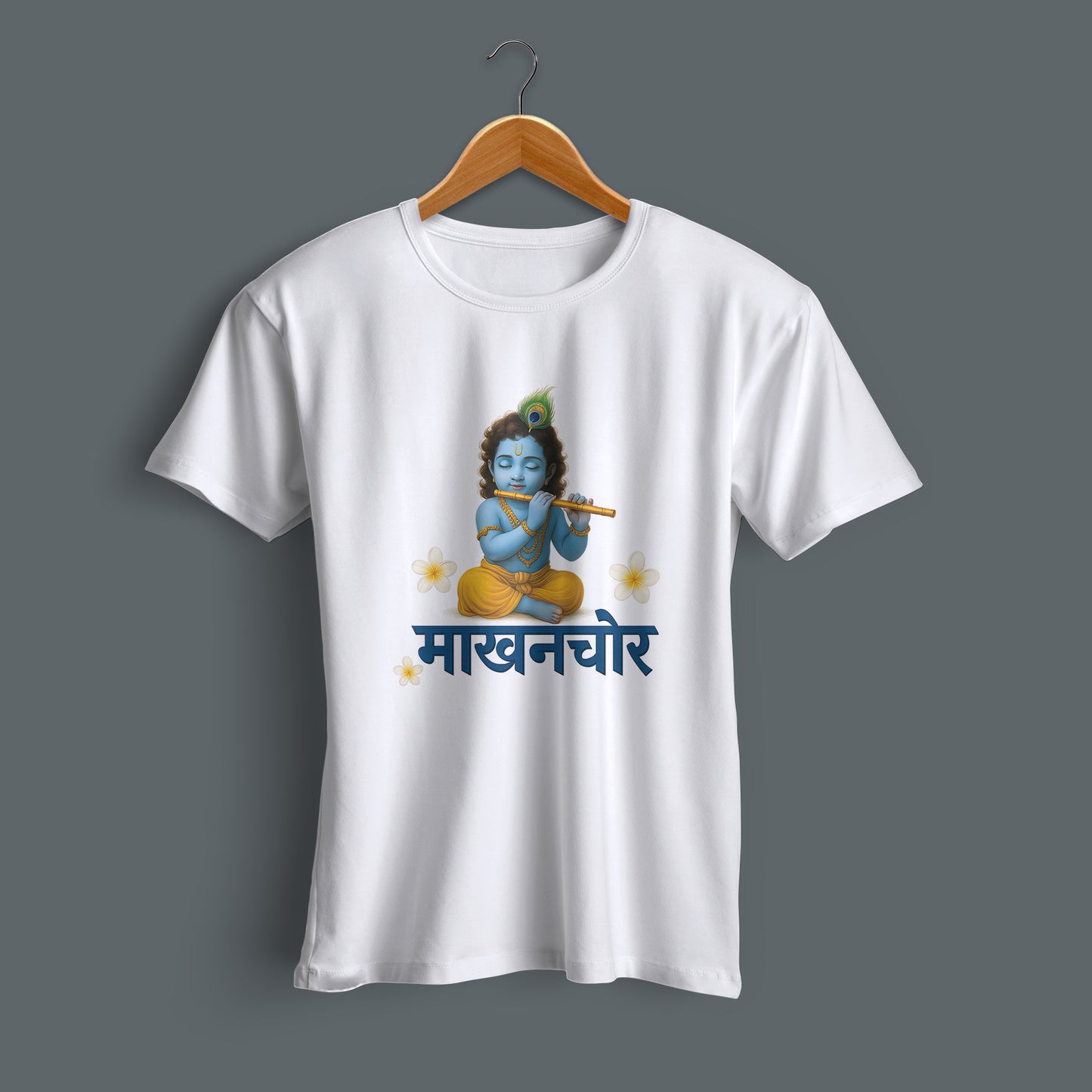 Flat lay Little Krishna devotional printed white cotton T-shirt