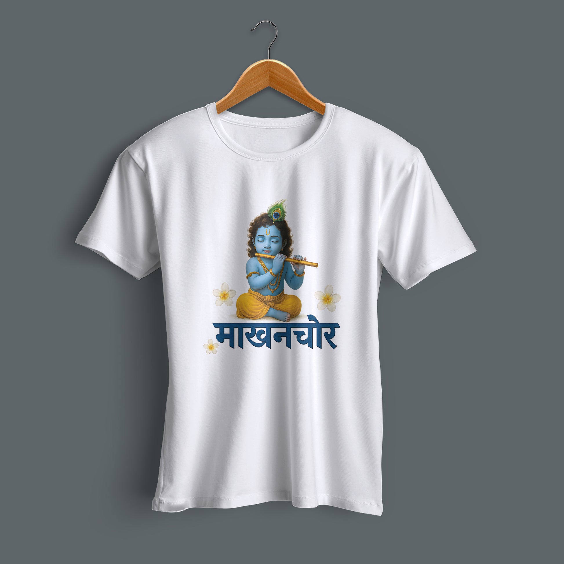Flat lay Little Krishna devotional printed white cotton T-shirt