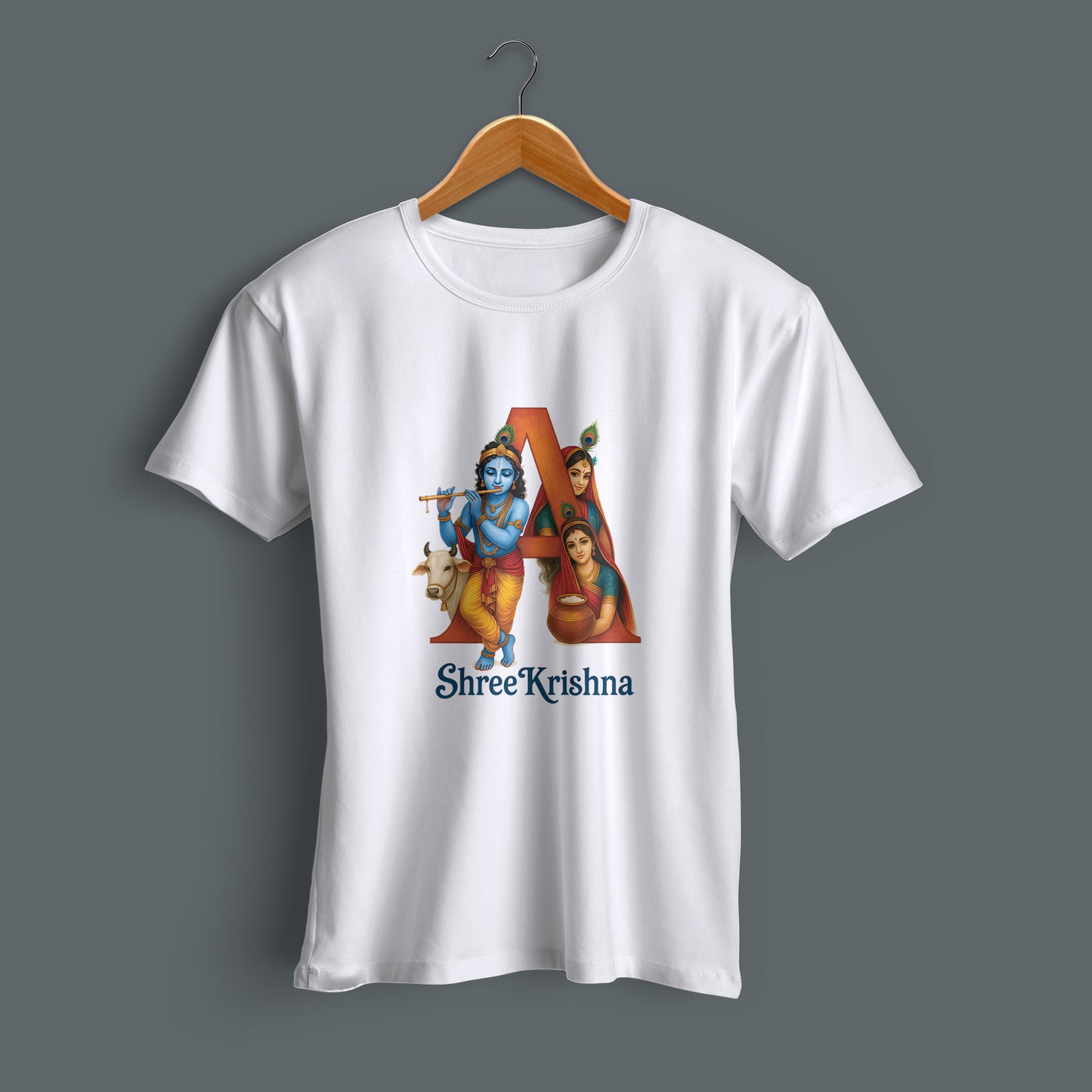 Flat lay Krishna typography design printed white cotton T-shirt