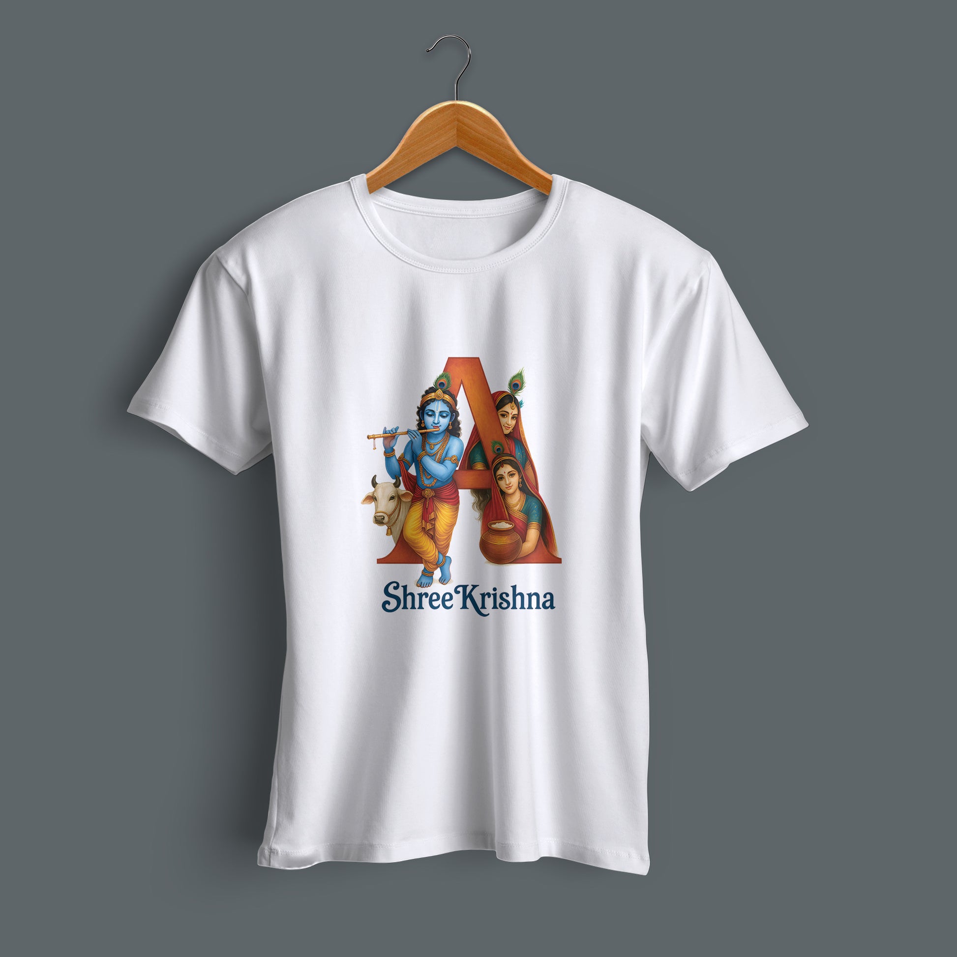Flat lay Krishna typography design printed white cotton T-shirt
