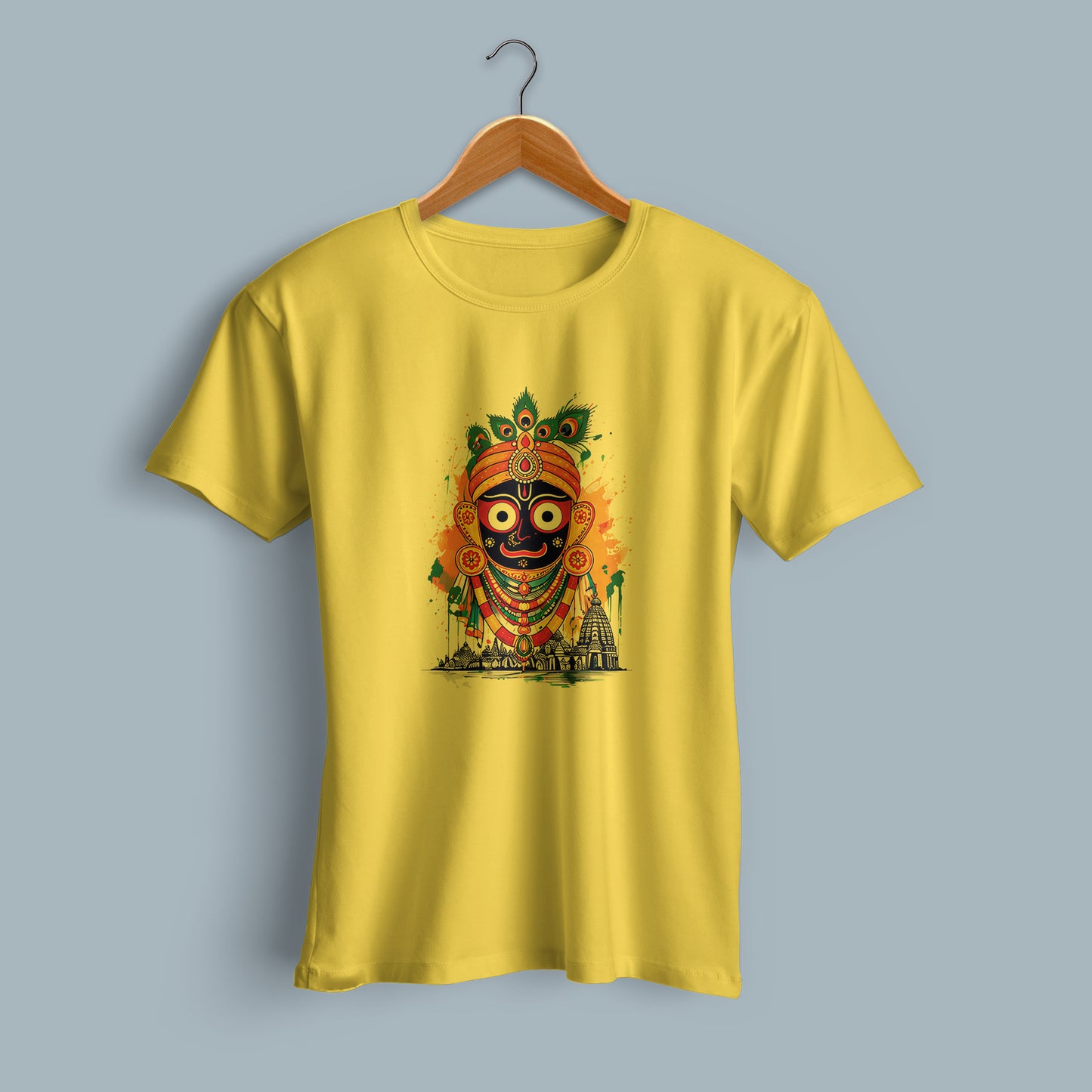 Devotional Jagannath Printed Yellow Cotton T-Shirt Flat Lay | Binayak Stores