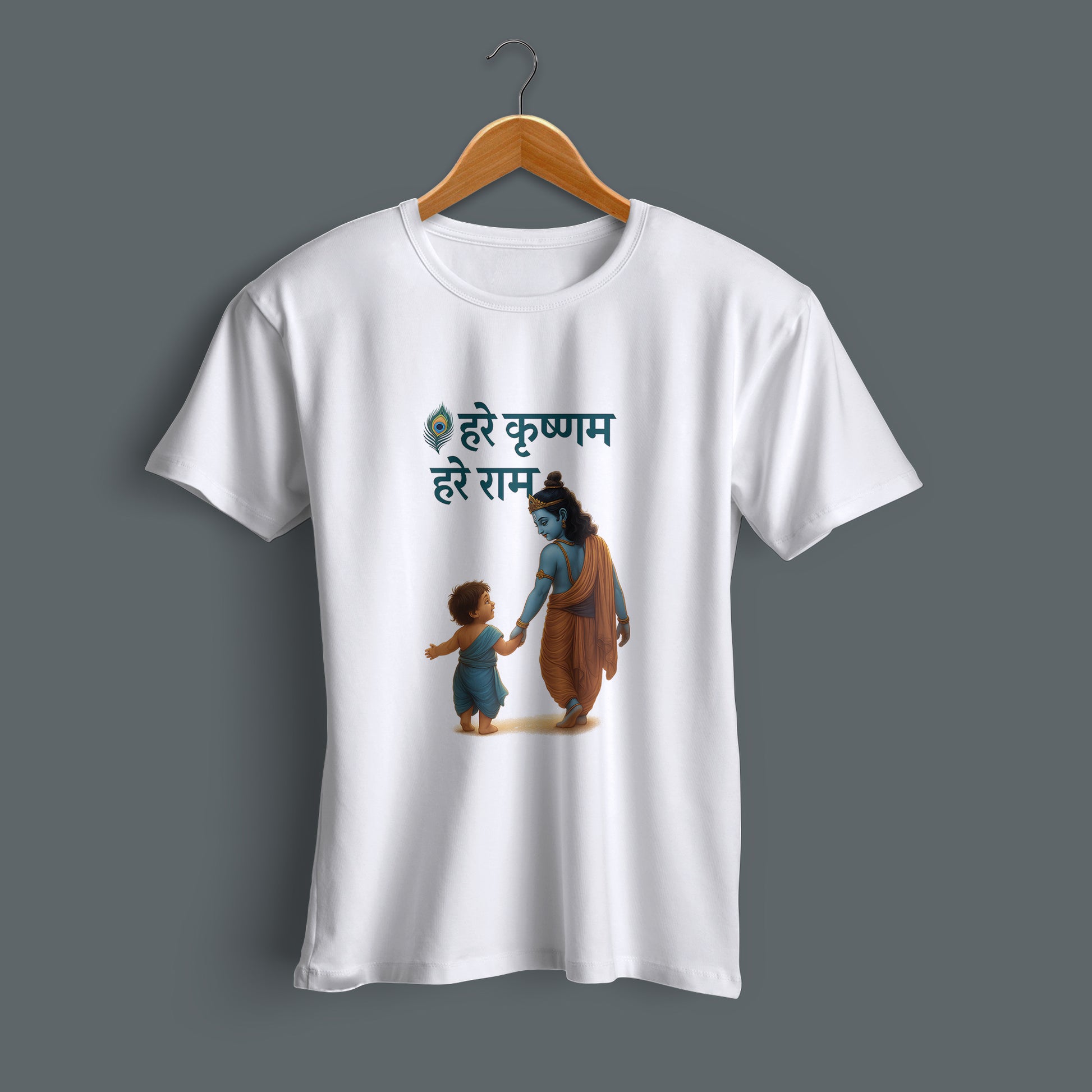 Flat lay Standing Krishna graphic printed white cotton T-shirt