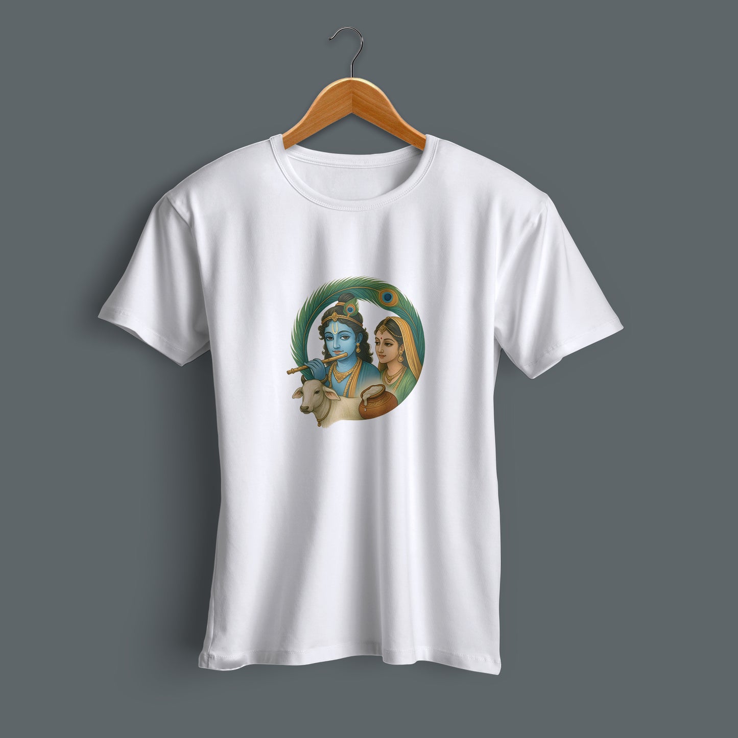 Flat lay Radha Krishna graphic printed white cotton T-shirt