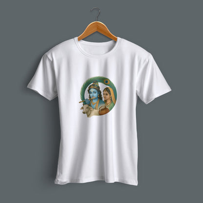 Flat lay Radha Krishna graphic printed white cotton T-shirt