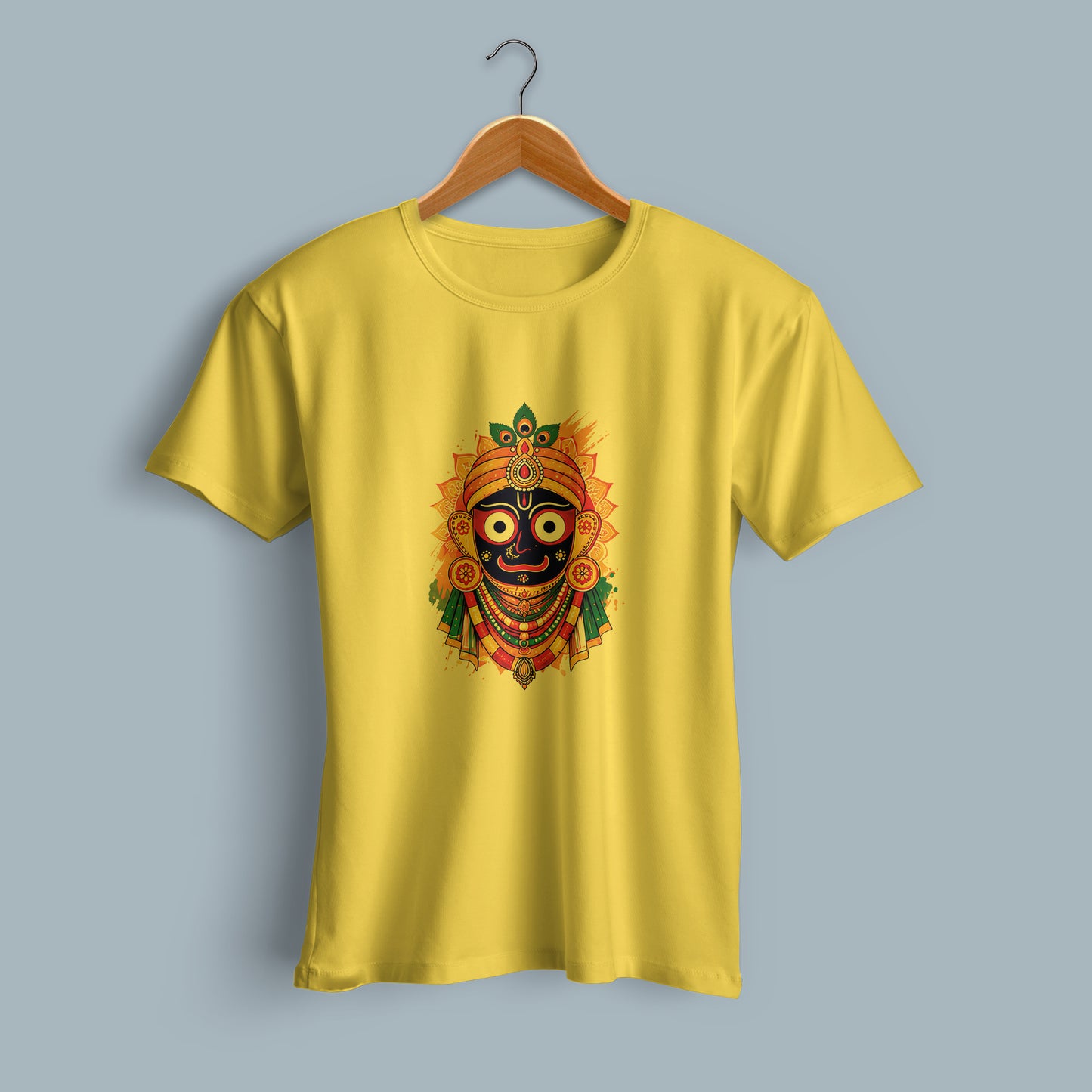 Jagannath Temple Printed Yellow Cotton T-Shirt Flat Lay | Binayak Stores
