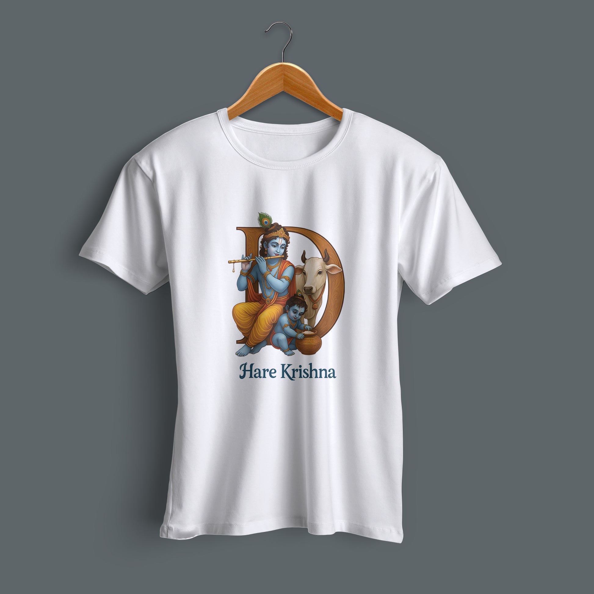 Kanha printed white premium cotton round neck T-shirt side view | Binayak Stores