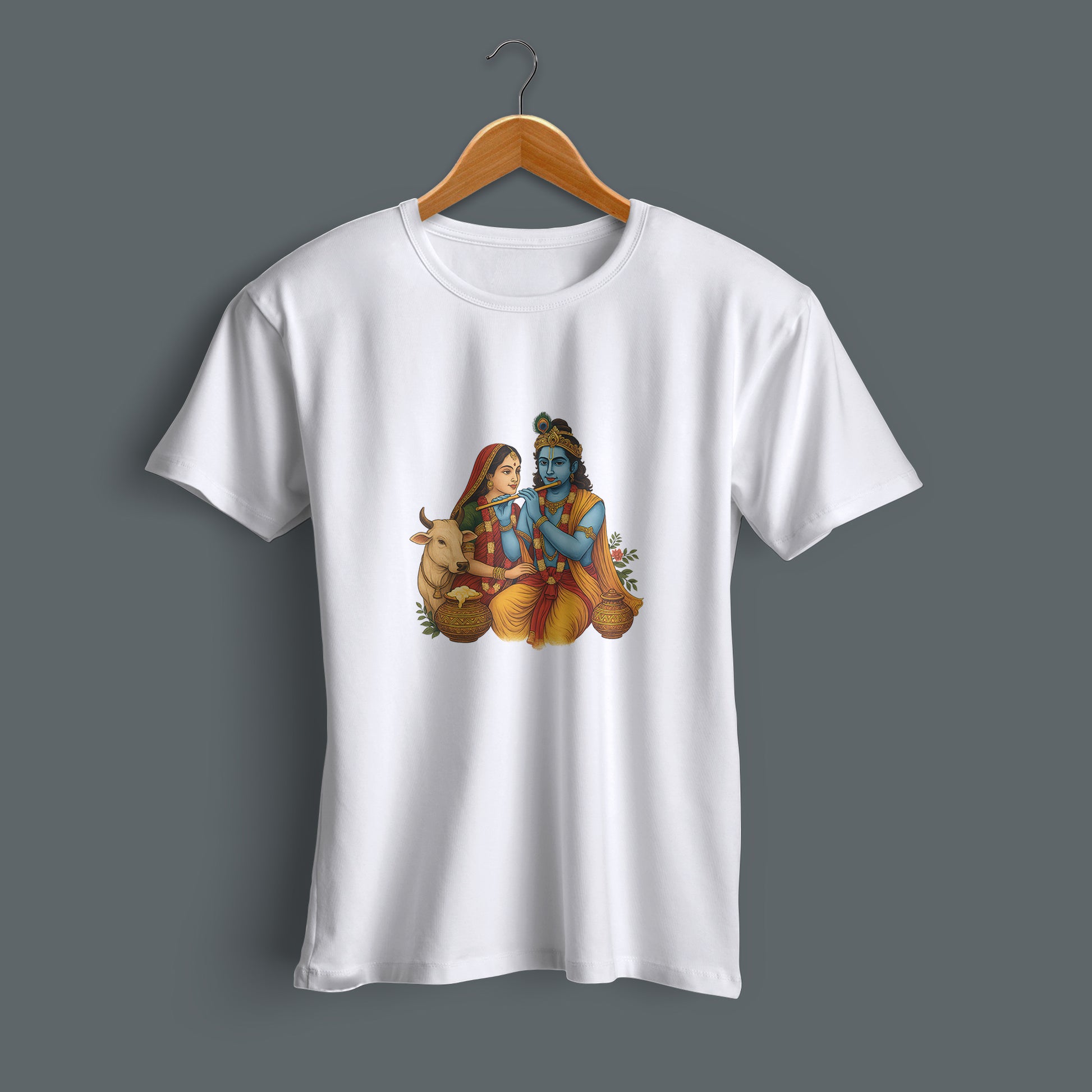 Flat lay Radha Krishna artwork printed white cotton T-shirt