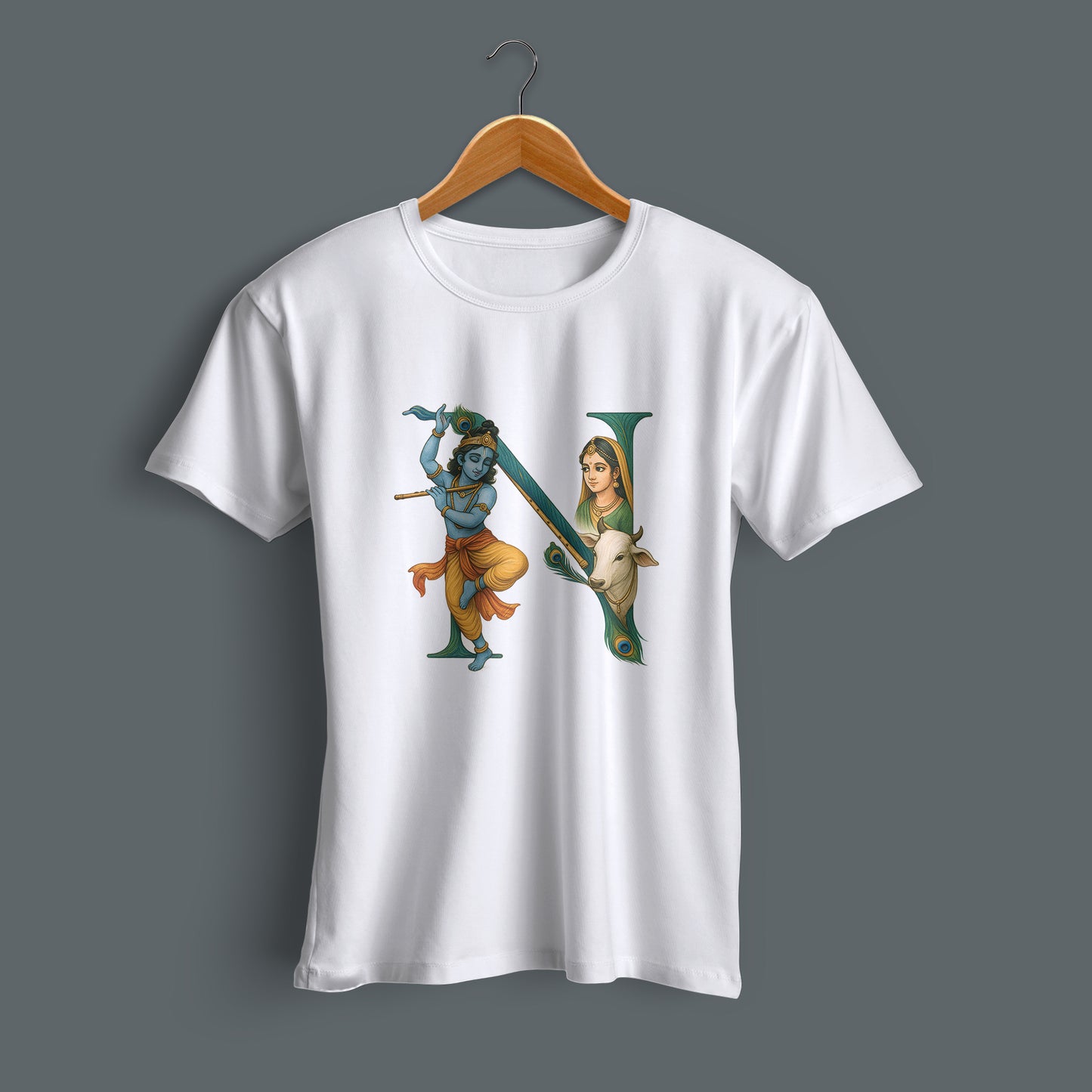 Dwarkadhish printed white premium cotton round neck T-shirt side view | Binayak Stores