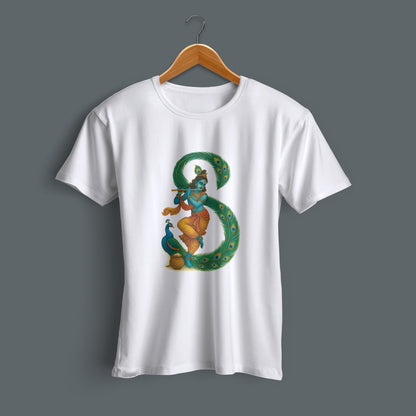 Flat lay Krishna peacock feather design printed white cotton T-shirt
