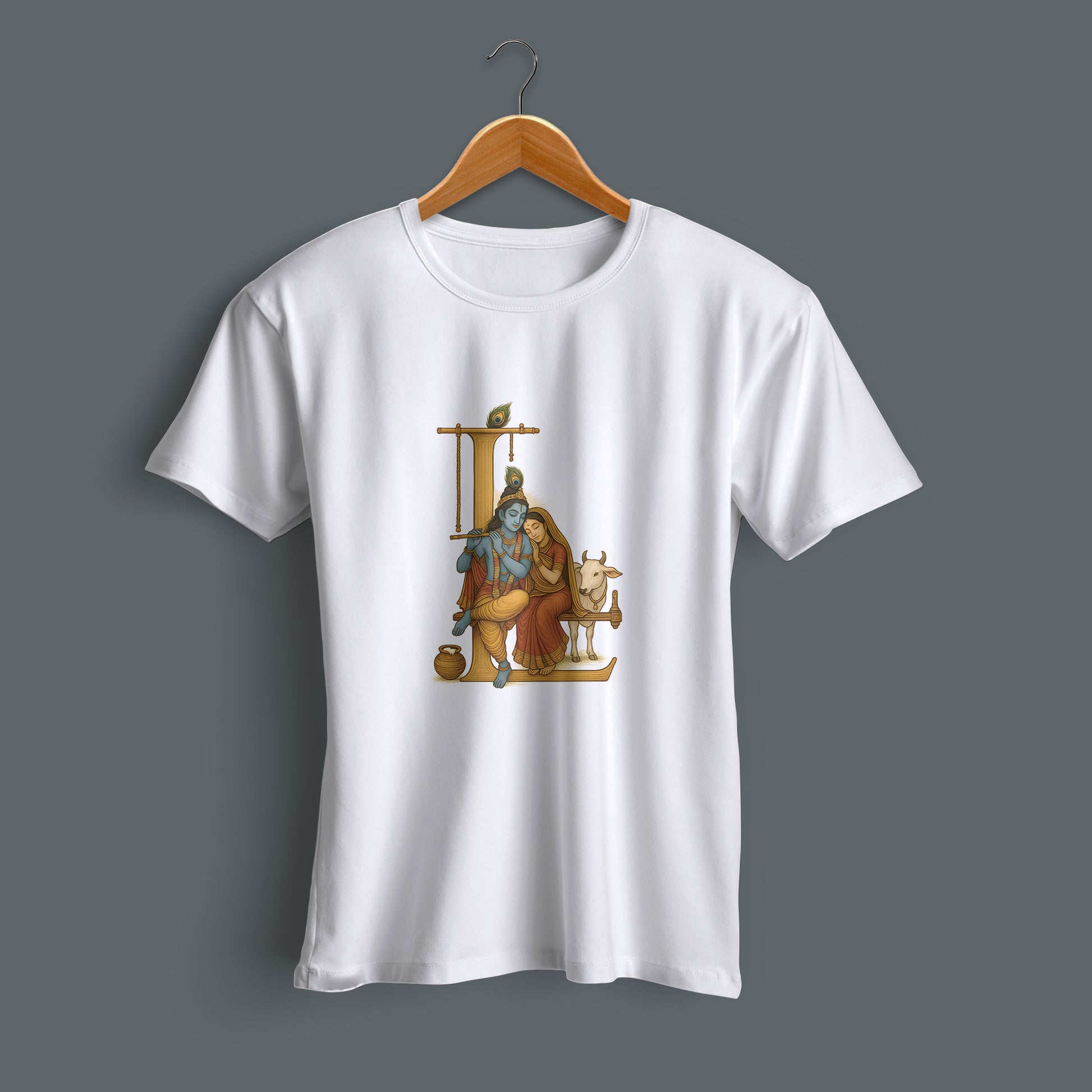 Vasudev printed white premium cotton round neck T-shirt side view | Binayak Stores