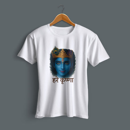 Flat lay Blue Krishna face graphic printed white cotton T-shirt