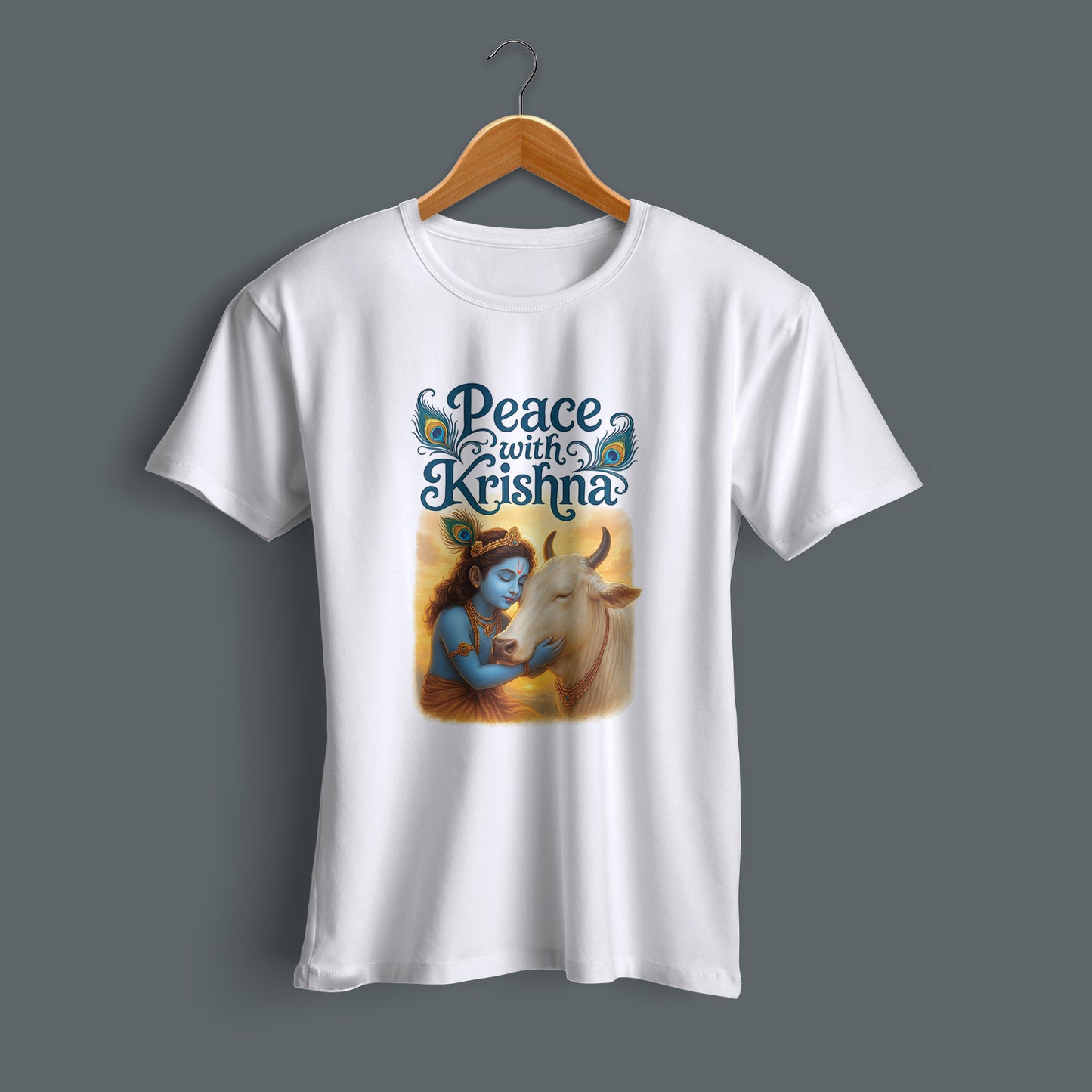 Flat lay devotional Krishna graphic printed premium cotton T-shirt