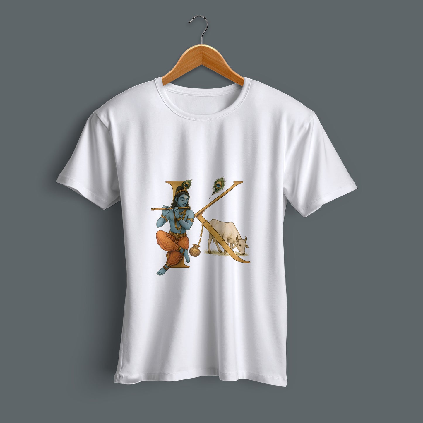Flat lay Krishna letter art printed white cotton T-shirt