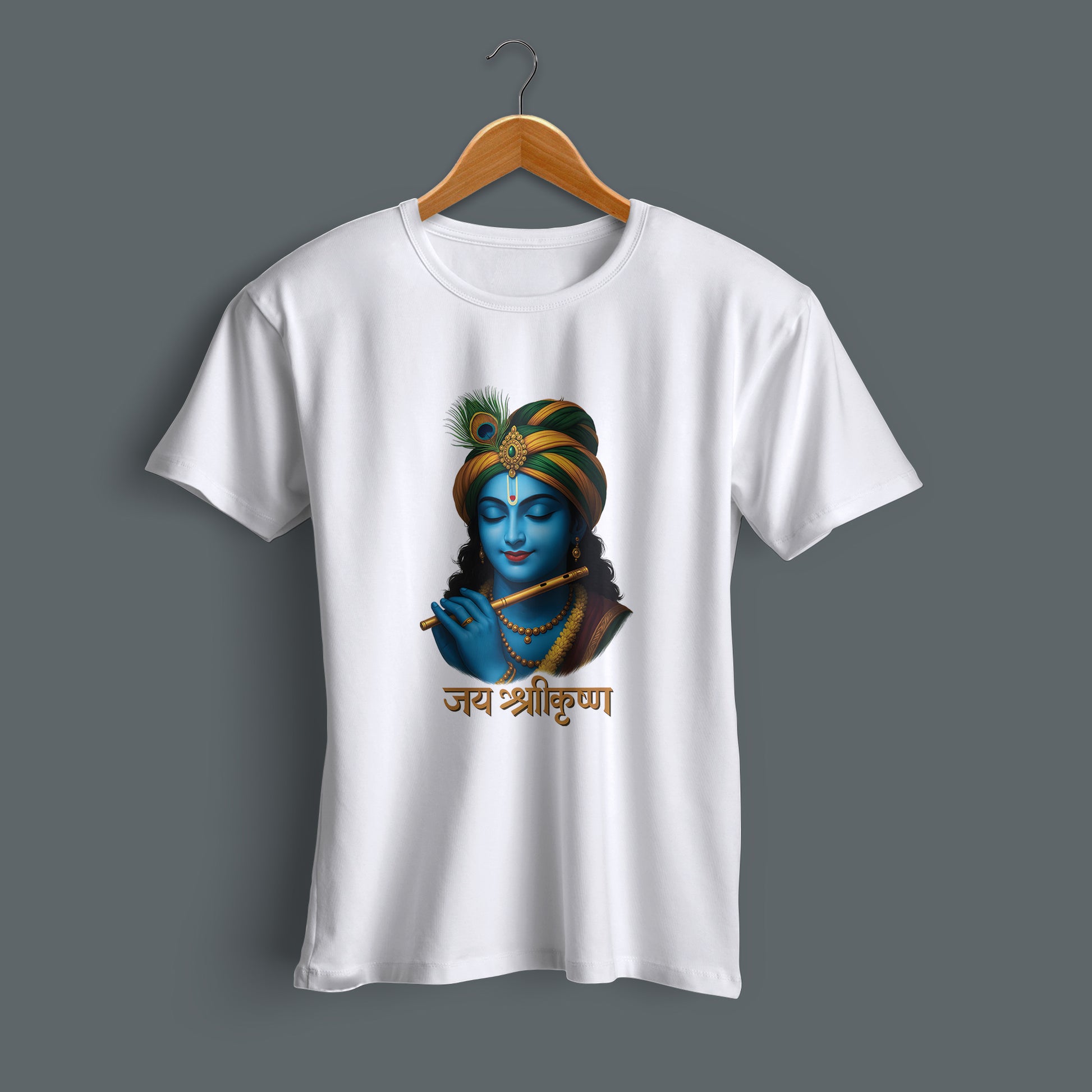 Flat lay white Shree Krishna face graphic printed premium cotton T-shirt