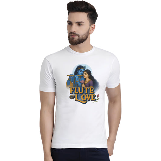 Krishna flute printed white premium cotton round neck T-shirt for men