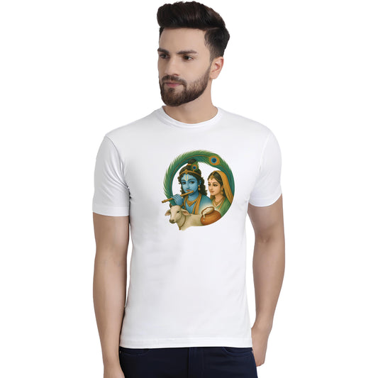 Radha Krishna printed white premium cotton round neck T-shirt for men by Binayak Stores