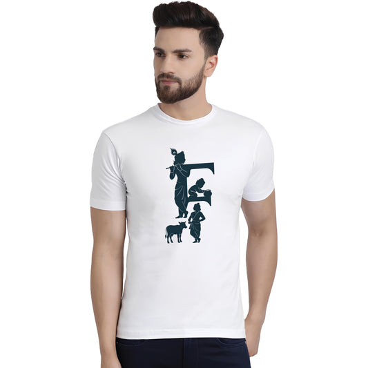 Murlidhar printed white premium cotton round neck T-shirt front view | Binayak Stores
