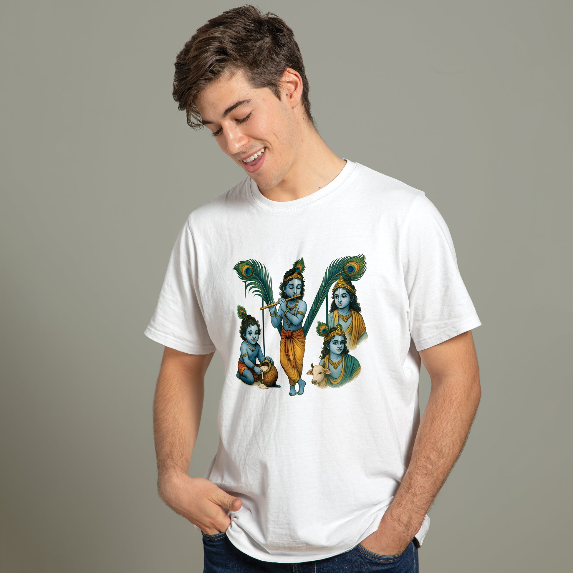 Girdhari printed white premium cotton round neck T-shirt front view | Binayak Stores