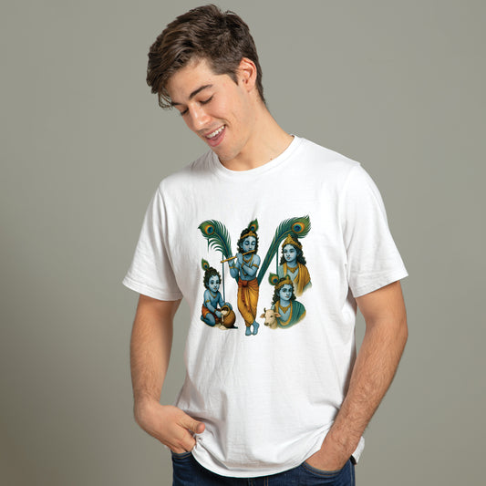Girdhari printed white premium cotton round neck T-shirt front view | Binayak Stores