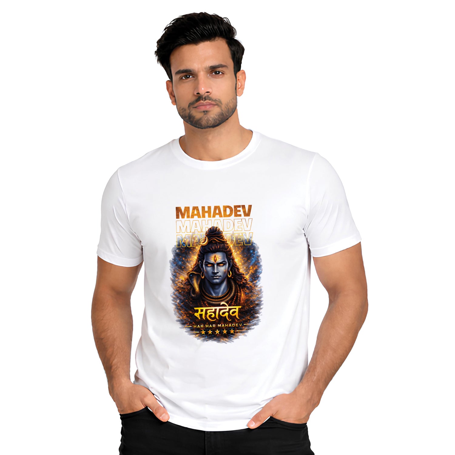 Om Namah Shivaya Printed White Cotton T-Shirt Front View | Binayak Stores