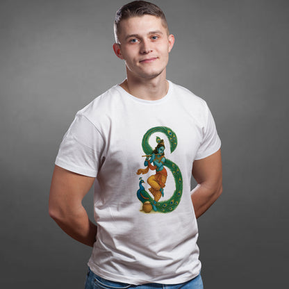 Krishna peacock feather printed white premium cotton round neck T-shirt