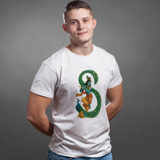 Krishna peacock feather printed white premium cotton round neck T-shirt