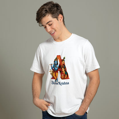 Krishna typography printed white premium cotton round neck T-shirt